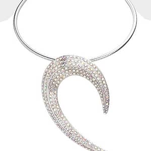 Silver Rhinestone Embellished Abstract Metal Choker Evening Necklace - $22